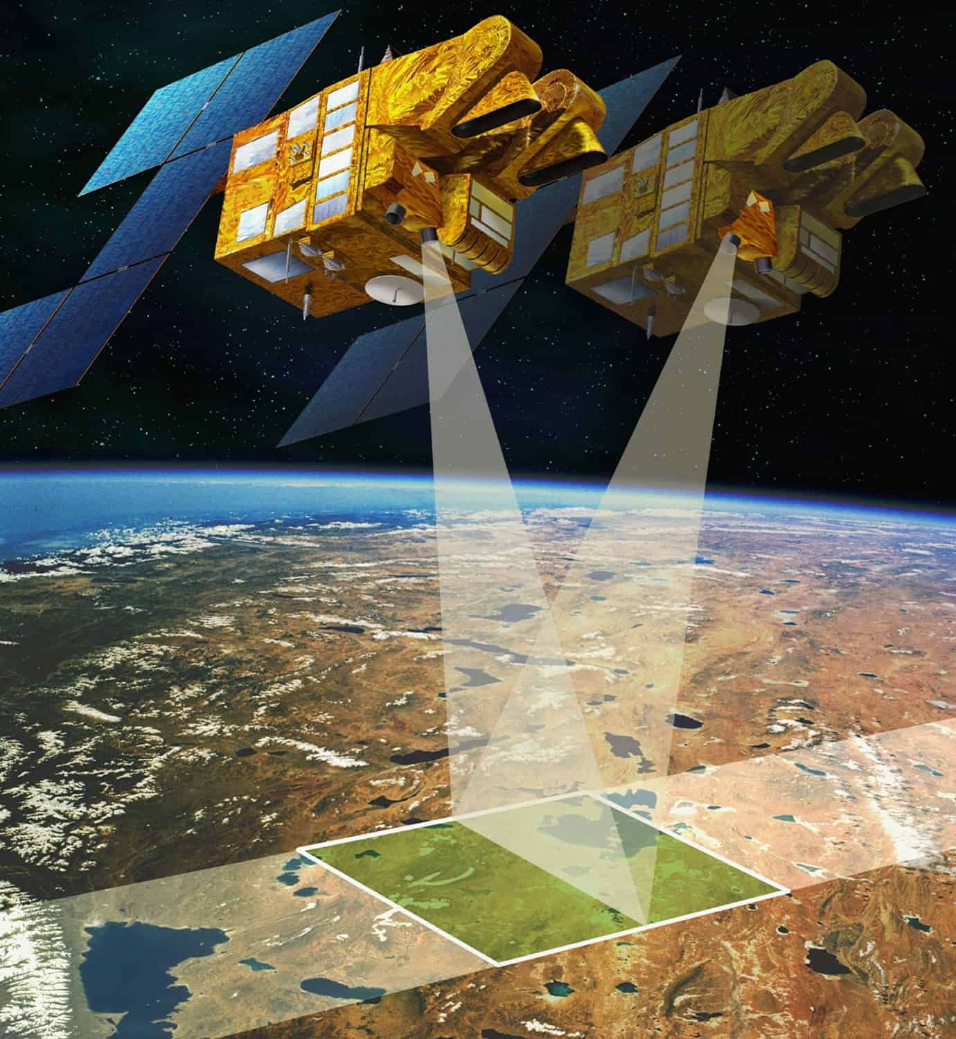 Illustration satelitte prenant une photo d'une zone sir la terre à differente heure